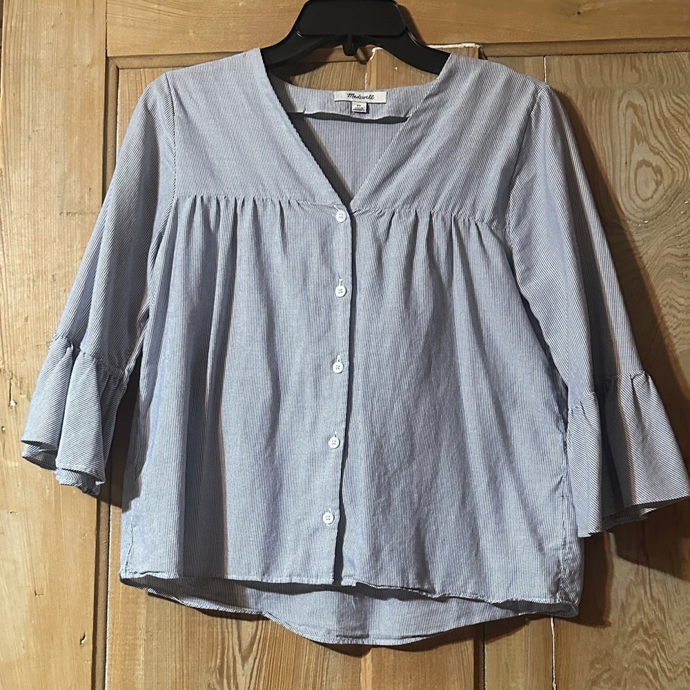 Madewell Striped Blue Bell Sleeve Blouse